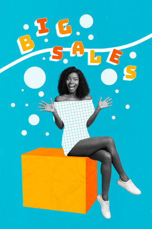 Composite collage image of excited happy cheerful young woman sitting cube big sale text shopper shopping discount advertisement bannerの写真素材