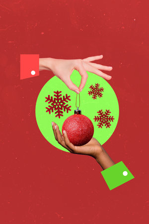 Photo cartoon comics sketch picture of arms holding hanging xmas decoration balls isolated drawing backgroundの写真素材