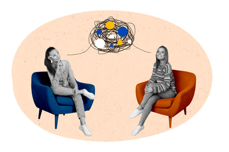 Creative collage photo illustration of thoughtful beautiful girls talking conversation brainstorming isolated on white color backgroundの写真素材