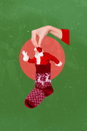 Vertical creative 3d collage photo postcard of arm hold funny small santa claus in christmas sock isolated on green color backgroundの写真素材