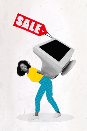 Vertical collage image of excited positive girl black white effect hands hold huge retro monitor sale isolated on creative backgroundの写真素材