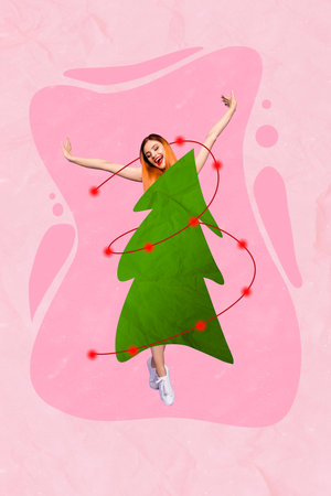 Creative photo 3d collage artwork postcard poster of pretty girl wear xmas tree costume enjoy winter season isolated on painting backgroundの写真素材