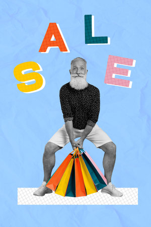 Vertical collage portrait of excited grandfather black white colors hold heavy shopping sale bags isolated on painted backgroundの写真素材