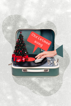 Exclusive magazine picture sketch collage image of retro vintage music player playing xmas carols isolated painting backgroundの写真素材