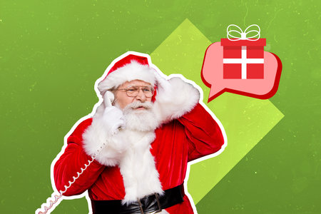 Creative collage photo illustration of funny serious santa hold landline phone talk about gift isolated on green color backgroundの写真素材