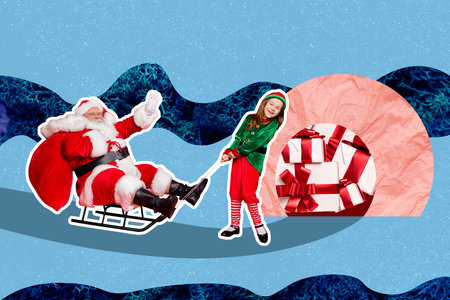 Creative photo 3d collage artwork poster postcard of funny santa claus his helper deliver gifts boxes isolated on painting backgroundの写真素材