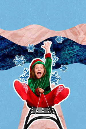 Creative photo 3d collage artwork poster postcard of little person girl boy hurry 2023 winter holiday isolated on painting backgroundの写真素材
