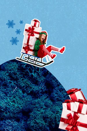 Creative photo 3d collage artwork poster postcard of funny funky personage deliver pile stack gift...