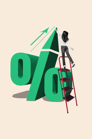 Exclusive magazine picture sketch collage image of small kid standing ladder touching huge percentage top isolated painting backgroundの写真素材