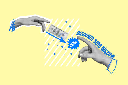 Creative photo 3d collage artwork postcard poster banner of two human arm offer low prices -50 percent sale isolated on painting backgroundの写真素材