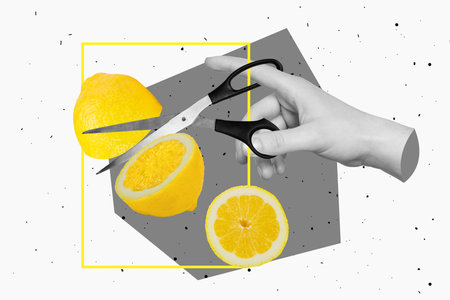 Creative photo 3d collage artwork postcard poster of human arm cutting juicy lemon delicious cocktail isolated on painting backgroundの写真素材