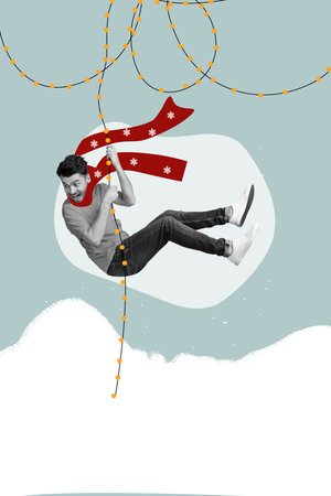 Creative abstract template graphics image of smiling happy guy hanging x-mas lights isolated drawing...