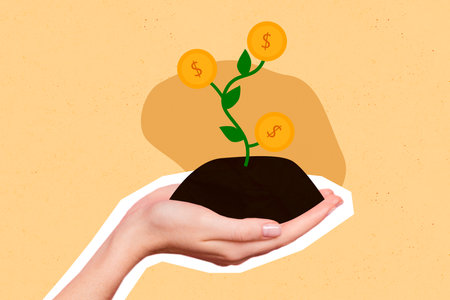 Collage artwork graphics picture of arms holding growing money office plant isolated painting backgroundの写真素材