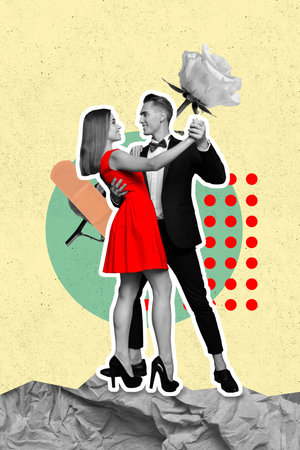 Creative 3d photo collage artwork postcard poster of two young person dancing together romantic date time isolated on painting backgroundの写真素材