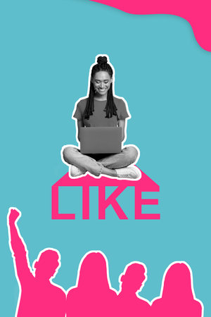 Collage 3d image of pinup pop retro sketch of smiling happy lady getting liked  isolated painting...