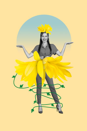 Collage photo of young healthy positive good mood lady posing hold palms balance gerbera dress finally pms isolated on beige color backgroundの写真素材