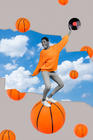 Creative abstract collage template graphics image of funny funky lady guy playing basketball vinyl plate isolated drawing backgroundの写真素材