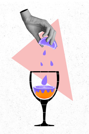 Composite collage image of bartender hand squeeze fresh citrus lemon orange lime cocktail juice glass party disco summer relaxing conceptの写真素材