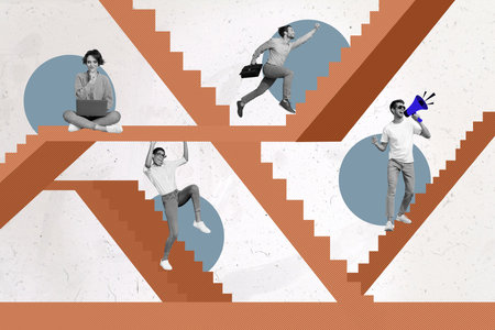 Poster collage of people work in office black and white effect isolated on painting color backgroundの写真素材