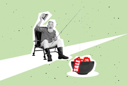 Artwork magazine collage picture of excited funny old guy fishing sales tags isolated drawing backgroundの写真素材