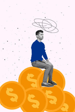 Creative photo 3d collage artwork postcard poster of minded man thinking improve increase budget isolated on painting backgroundの写真素材