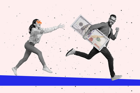 Creative collage illustration of two excited black white gamma people running hold huge dollar...