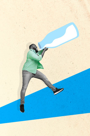 Creative photo 3d collage artwork postcard poster of young man drinking milk big milk isolated on painting backgroundの写真素材