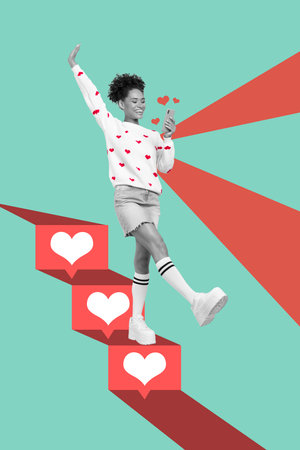 Collage photo of lady wear summer outfit hold her like popularity addiction need more shares social media isolated on blue color backgroundの写真素材