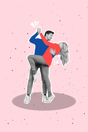 Collage photo banner of young couple dancing together love rhythm music hands together excited relax in nightclub isolated on pink color backgroundの写真素材