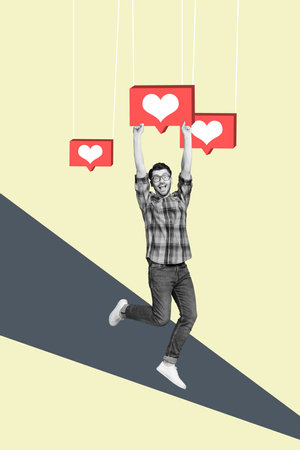 Vertical collage illustration of excited positive black white gamma guy hands hold hang like notificationの写真素材