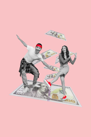 Vertical collage picture of two excited people black white gamma dancing big hundred dollar banknote bill isolated on pink backgroundの写真素材
