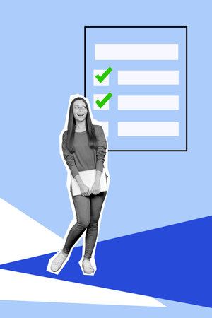 Creative photo 3d collage artwork postcard poster of young funny girl finished work isolated on painting backgroundの写真素材