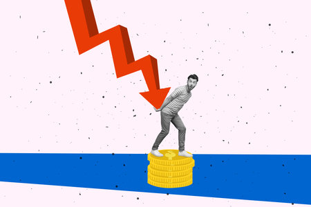 Creative collage picture of little black white colors guy stand pile stack money coins hands hold...