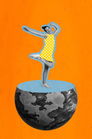 Creative abstract template collage of dancing funny funky young woman energetic active attractive moon dream fantasy gave fun retro vintageの写真素材