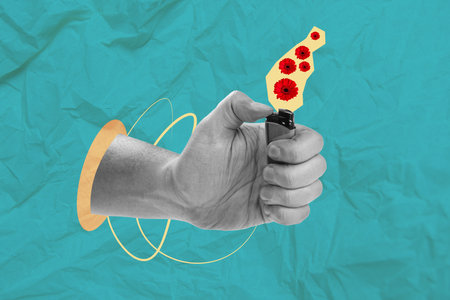 Composite collage portrait of black white effect arm hold lighter flowers instead flame isolated on drawing backgroundの写真素材