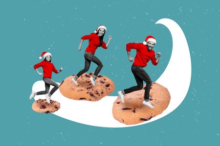 3d retro abstract creative artwork template collage of funny santa claus helpers walking xmas...