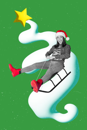 Photo collage artwork minimal picture of smiling excited santa claus x-mas assistant sledding isolated drawing backgroundの写真素材