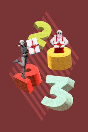 Exclusive magazine picture sketch collage image of smiling santa assistant packing xmas gifts...