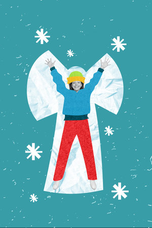Photo sketch graphics collage artwork picture of dreamy smiling little child making x-mas snow angel isolated drawing backgroundの写真素材