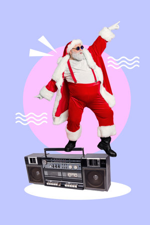 Vertical creative collage of excited funky mini santa stand huge boombox dancing point fingers newyear event funの写真素材