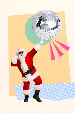 Vertical collage image of positive cheerful mini santa dancing arm finger touch big disco ball isolated on creative backgroundの写真素材