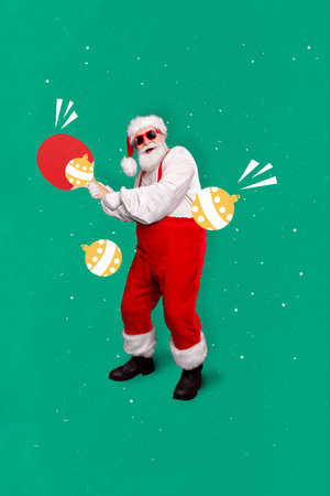 Vertical collage image of excited funky santa hands hold table tennis racquet shoot newyear toy balls isolated on painted backgroundの写真素材