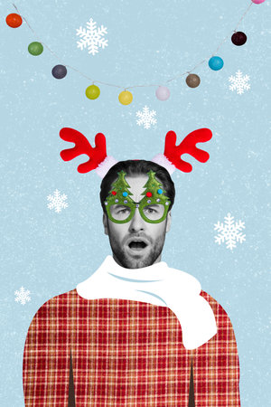 Collage 3d image of pinup pop retro sketch of impressed funky santa claus assistant wear funny eyewear isolated painting backgroundの写真素材