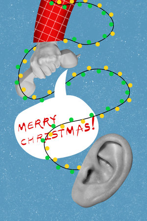 Collage photo greeting postcard hand hold wire phone calling big abstract ear say merry christmas...