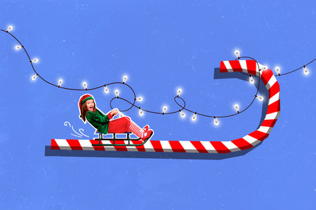 Creative collage portrait of excited funky mini girl elf costume sledding big candy cane stick...