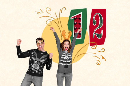 Collage picture of two excited delighted people black white gamma raise fists 12 oclock midnight...