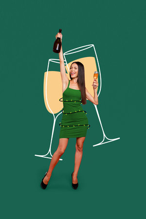 Creative photo 3d collage postcard poster picture greeting card of funny young girl celebrating new year isolated on painting backgroundの写真素材