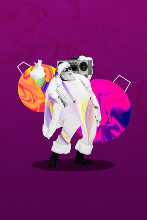 Creative photo 3d collage postcard poster greeting card of person clubber enjoying holiday event occasion isolated on painting backgroundの写真素材