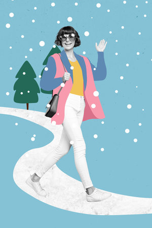 Creative photo 3d collage postcard poster picture brochure of young girl walking outdoors hand waving hello isolated on painting backgroundの写真素材