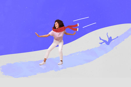 Creative photo 3d collage postcard poster picture brochure of young carefree crazy girl free time outdoors isolated on painting backgroundの写真素材